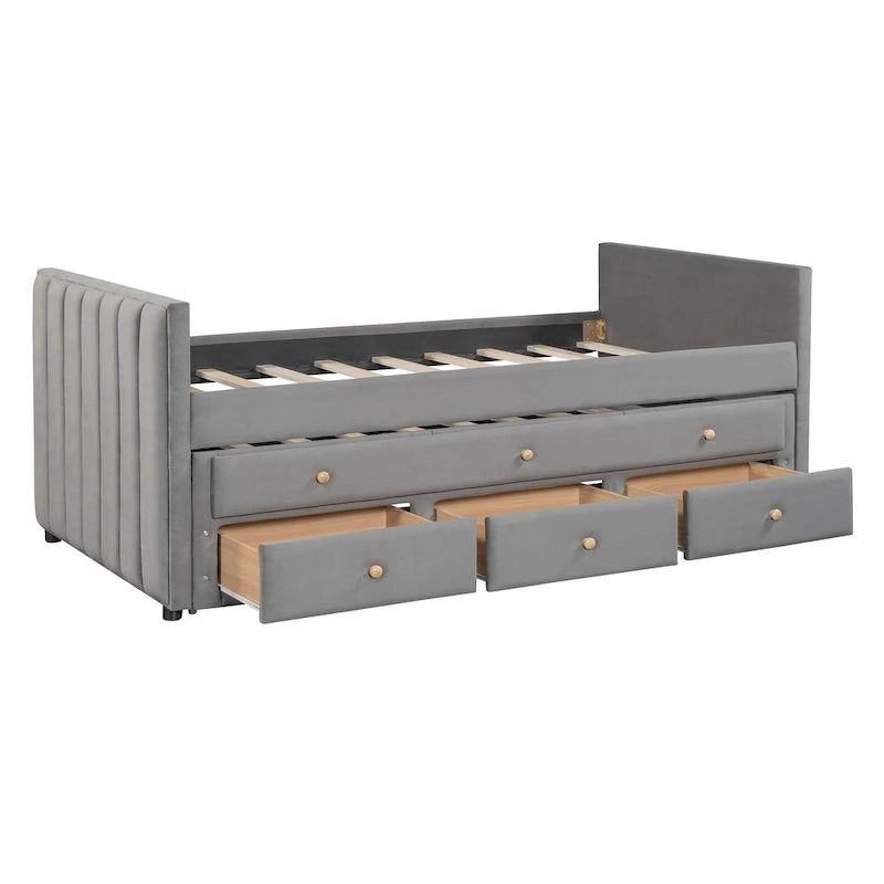 Daybed singolo imbottito con letto estraibile singolo e cassetti, in velluto beige