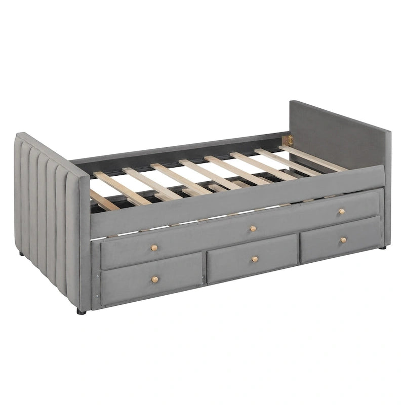 Daybed singolo imbottito con letto estraibile singolo e cassetti, in velluto beige