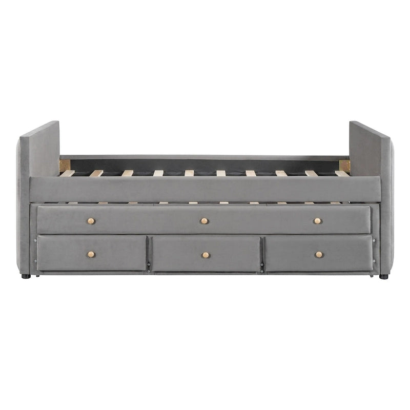 Daybed singolo imbottito con letto estraibile singolo e cassetti, in velluto beige