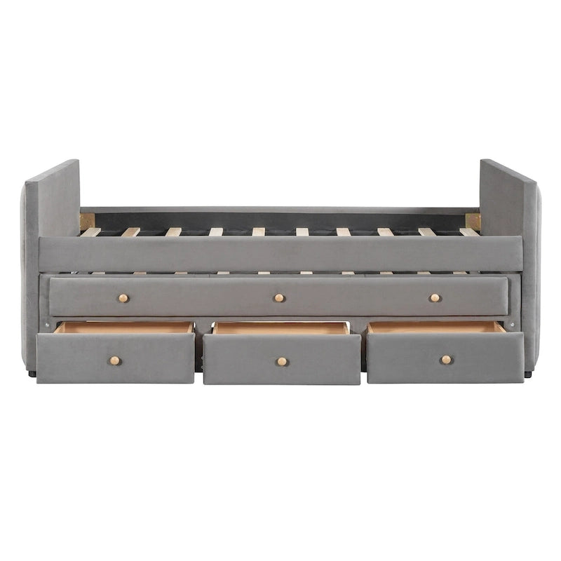 Daybed singolo imbottito con letto estraibile singolo e cassetti, in velluto beige