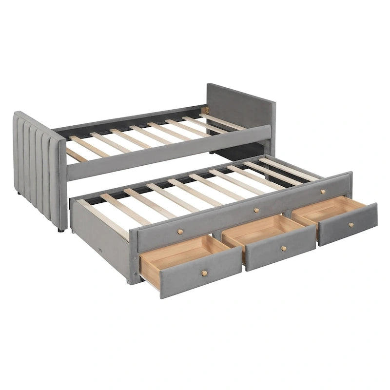 Daybed singolo imbottito con letto estraibile singolo e cassetti, in velluto beige