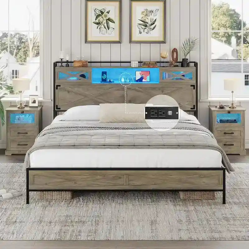 Struttura letto in stile rustico con testiera contenitore e porta scorrevole stile fienile