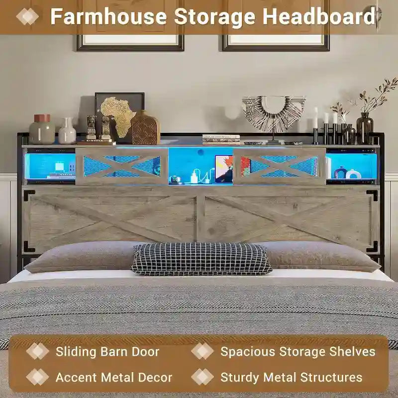 Struttura letto in stile rustico con testiera contenitore e porta scorrevole stile fienile