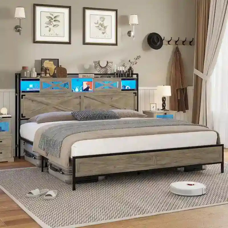 Struttura letto in stile rustico con testiera contenitore e porta scorrevole stile fienile