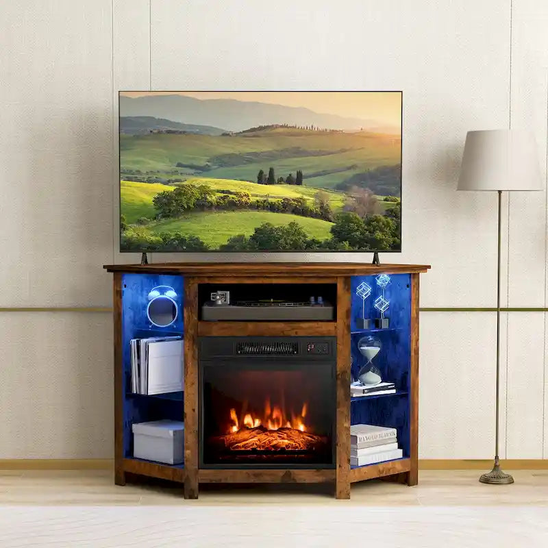 Mobile TV angolare con camino elettrico, luci LED e ripiani in vetro regolabili - 45 x 22 x 30