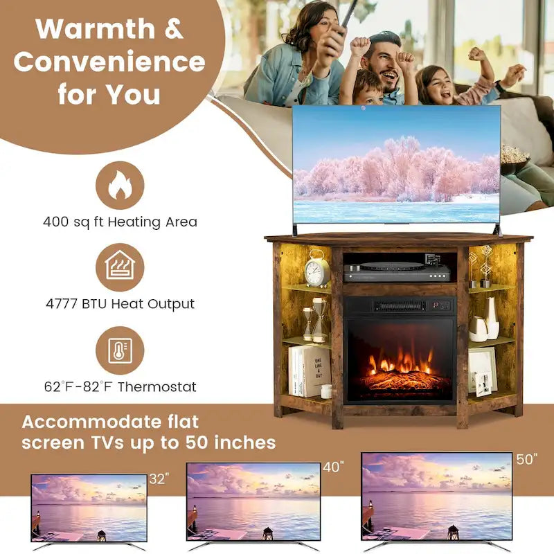 Mobile TV angolare con camino elettrico, luci LED e ripiani in vetro regolabili - 45 x 22 x 30
