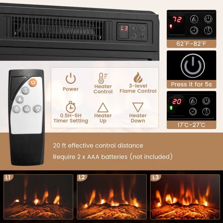 Mobile TV angolare con camino elettrico, luci LED e ripiani in vetro regolabili - 45 x 22 x 30