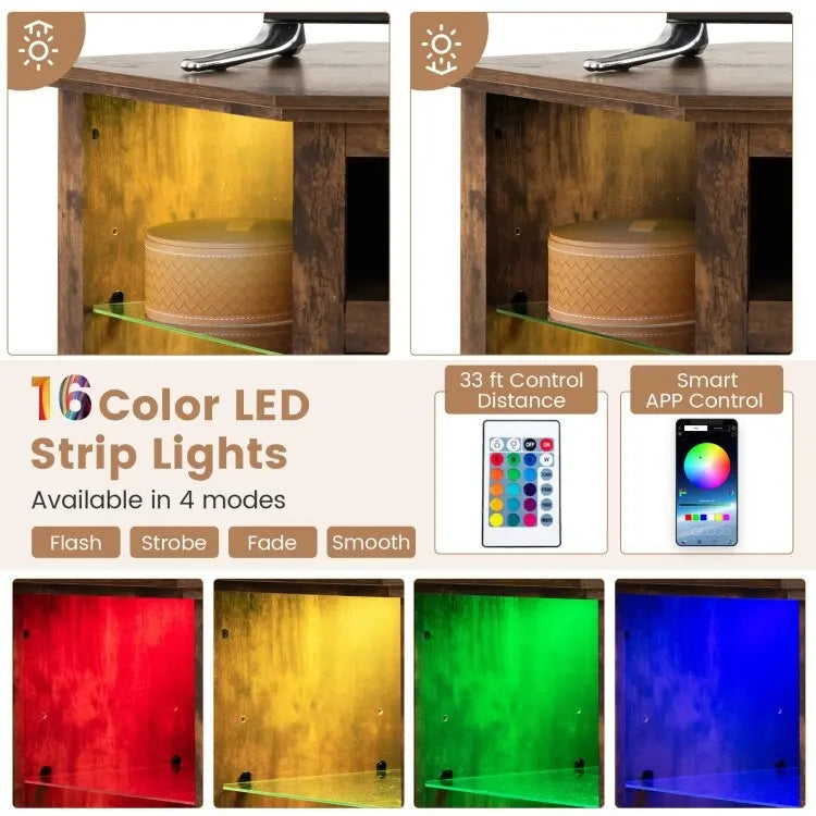 Mobile TV angolare con camino elettrico, luci LED e ripiani in vetro regolabili - 45 x 22 x 30