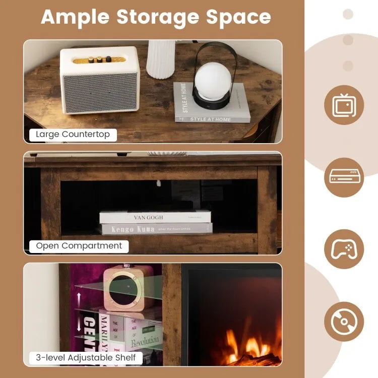 Mobile TV angolare con camino elettrico, luci LED e ripiani in vetro regolabili - 45 x 22 x 30