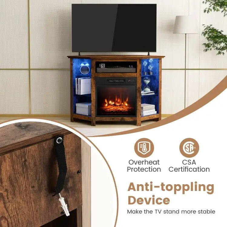 Mobile TV angolare con camino elettrico, luci LED e ripiani in vetro regolabili - 45 x 22 x 30