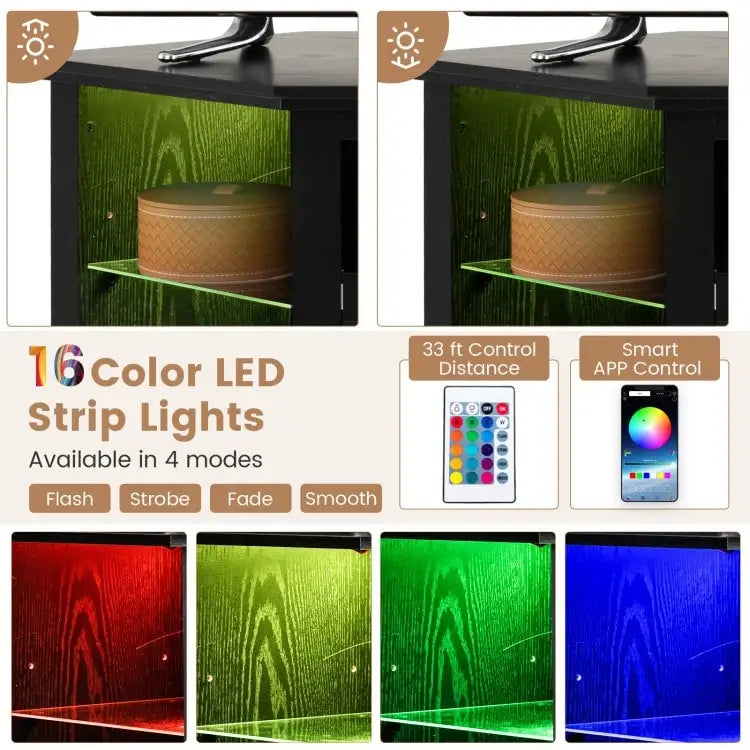 Mobile TV angolare con camino elettrico, luci LED e ripiani in vetro regolabili - 45 x 22 x 30