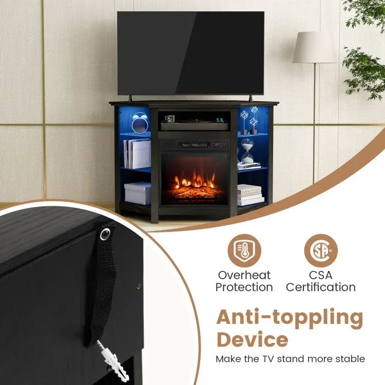 Mobile TV angolare con camino elettrico, luci LED e ripiani in vetro regolabili - 45 x 22 x 30