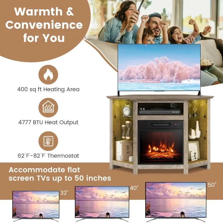Mobile TV angolare con camino elettrico, luci LED e ripiani in vetro regolabili - 45 x 22 x 30