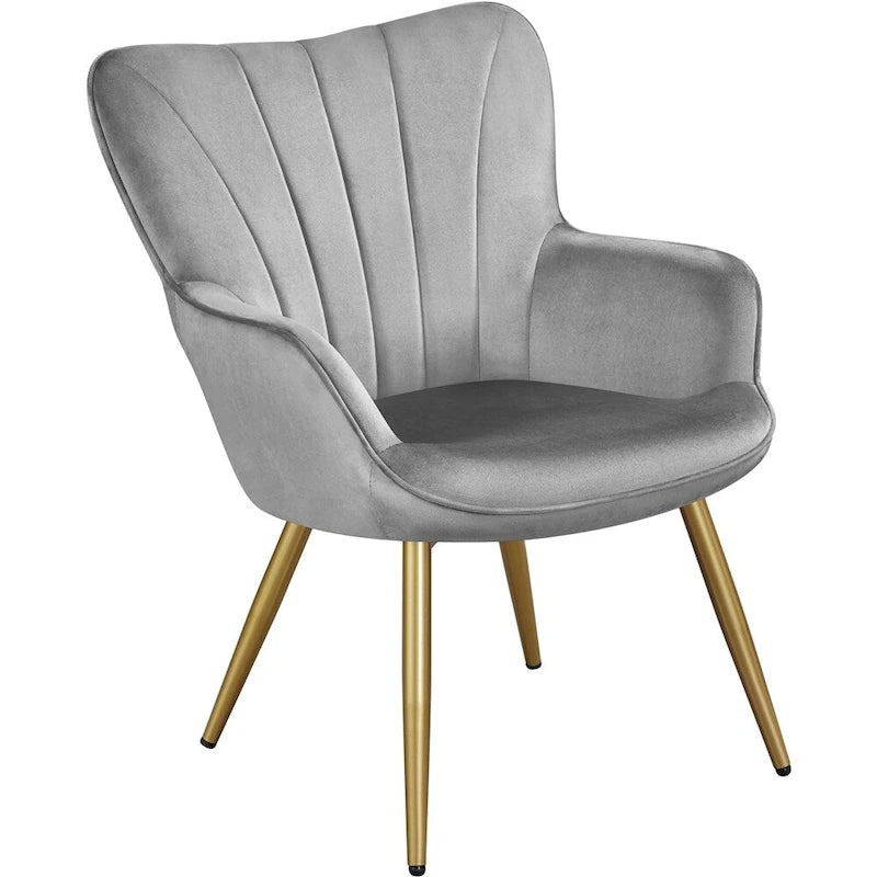 Poltroncina d'accento moderna in velluto con schienale curvo plissettato, ideale per il soggiorno