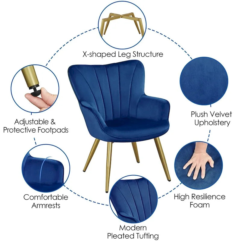Poltroncina d'accento moderna in velluto con schienale curvo plissettato, ideale per il soggiorno