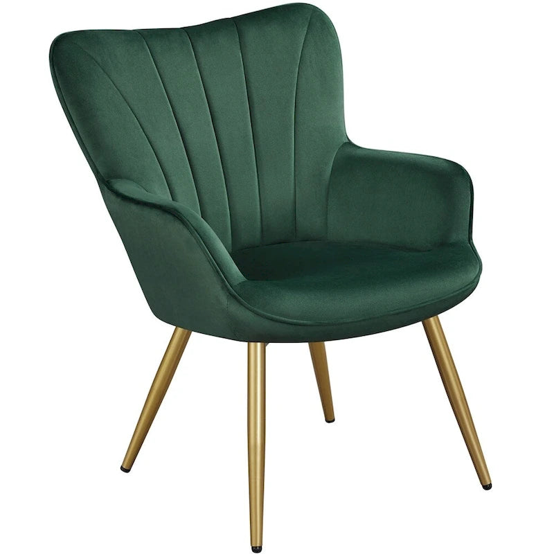 Poltroncina d'accento moderna in velluto con schienale curvo plissettato, ideale per il soggiorno