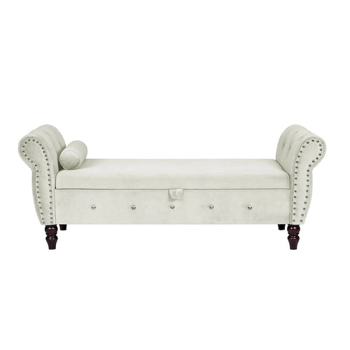 63.4 in. Velvet Bedroom Bench with Solid Wood Legs & 1 Pillow Nail Storage Ottoman Bench with Armrest Crystal Buckle