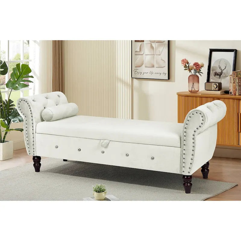 Panca da camera in velluto da 63.4 in. con gambe in legno massello e 1 cuscino, pouf contenitore con braccioli e fibbie di cristallo