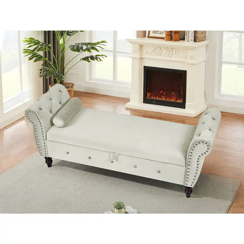 Panca da camera in velluto da 63.4 in. con gambe in legno massello e 1 cuscino, pouf contenitore con braccioli e fibbie di cristallo