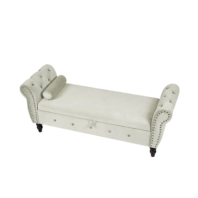Panca da camera in velluto da 63.4 in. con gambe in legno massello e 1 cuscino, pouf contenitore con braccioli e fibbie di cristallo