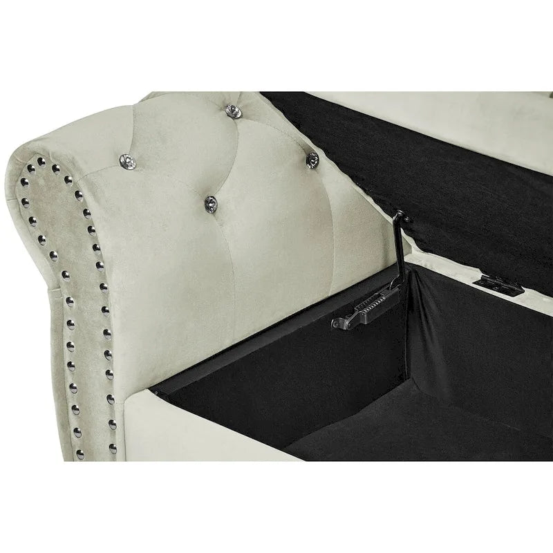 Panca da camera in velluto da 63.4 in. con gambe in legno massello e 1 cuscino, pouf contenitore con braccioli e fibbie di cristallo