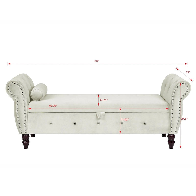 Panca da camera in velluto da 63.4 in. con gambe in legno massello e 1 cuscino, pouf contenitore con braccioli e fibbie di cristallo