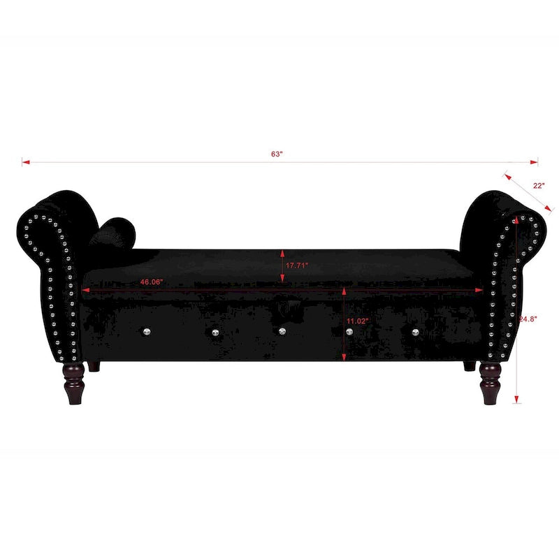 Panca da camera in velluto da 63.4 in. con gambe in legno massello e 1 cuscino, pouf contenitore con braccioli e fibbie di cristallo
