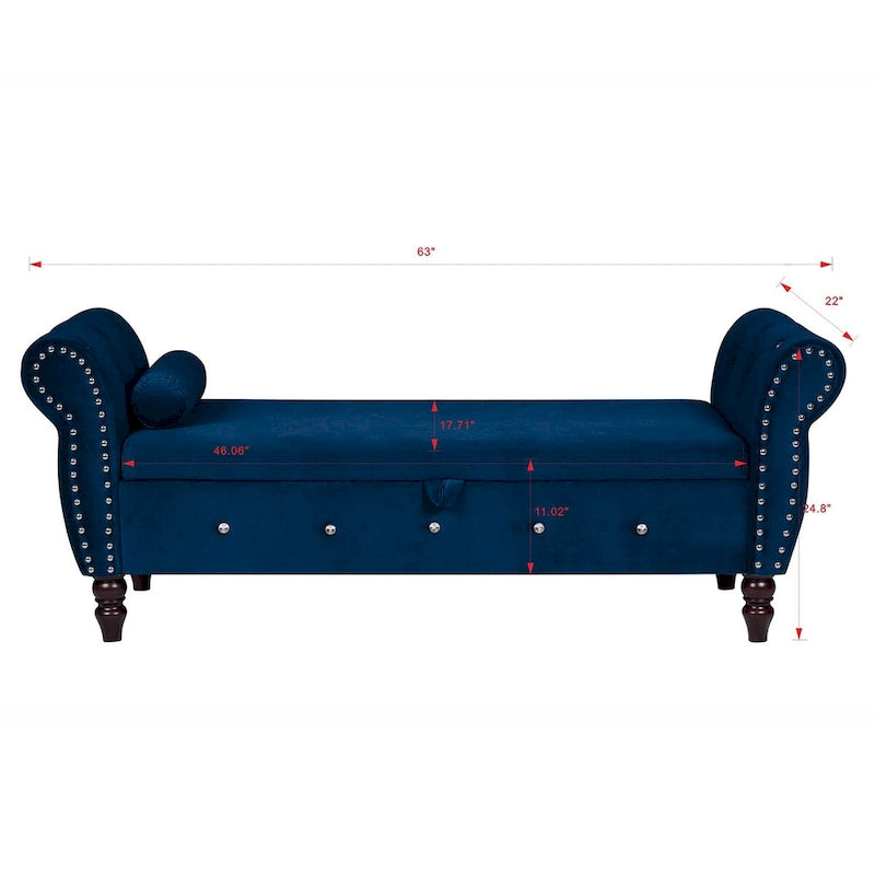 Panca da camera in velluto da 63.4 in. con gambe in legno massello e 1 cuscino, pouf contenitore con braccioli e fibbie di cristallo