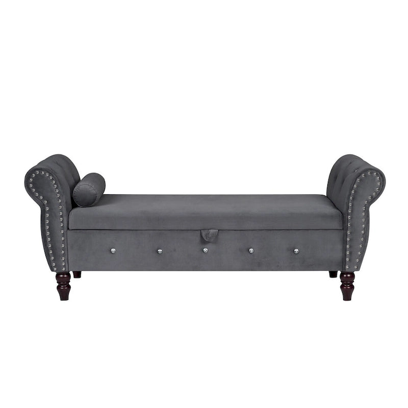 Panca da camera in velluto da 63.4 in. con gambe in legno massello e 1 cuscino, pouf contenitore con braccioli e fibbie di cristallo