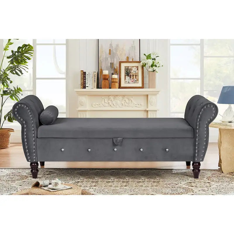 Panca da camera in velluto da 63.4 in. con gambe in legno massello e 1 cuscino, pouf contenitore con braccioli e fibbie di cristallo
