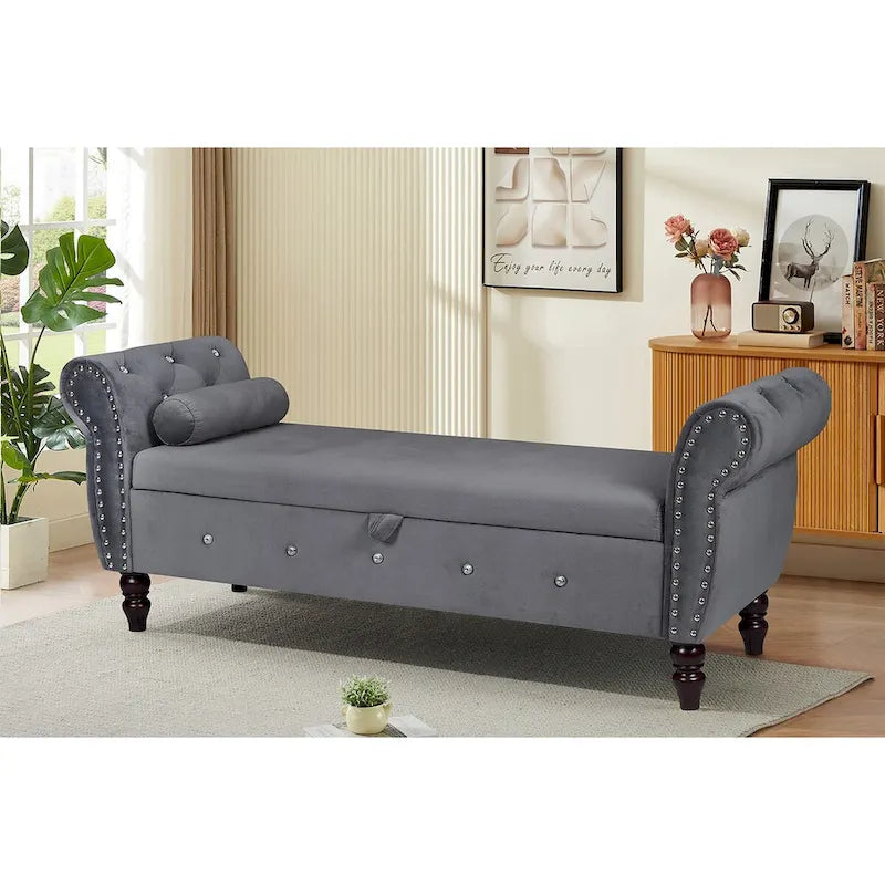 Panca da camera in velluto da 63.4 in. con gambe in legno massello e 1 cuscino, pouf contenitore con braccioli e fibbie di cristallo