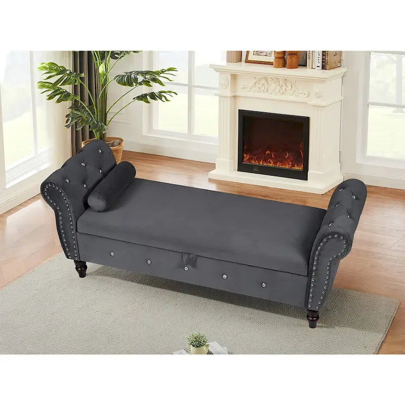 Panca da camera in velluto da 63.4 in. con gambe in legno massello e 1 cuscino, pouf contenitore con braccioli e fibbie di cristallo
