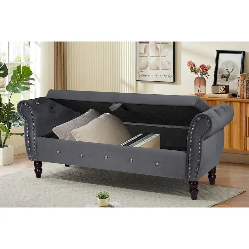 Panca da camera in velluto da 63.4 in. con gambe in legno massello e 1 cuscino, pouf contenitore con braccioli e fibbie di cristallo