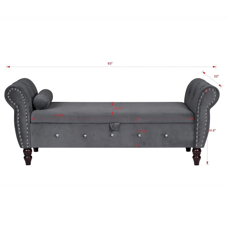 Panca da camera in velluto da 63.4 in. con gambe in legno massello e 1 cuscino, pouf contenitore con braccioli e fibbie di cristallo