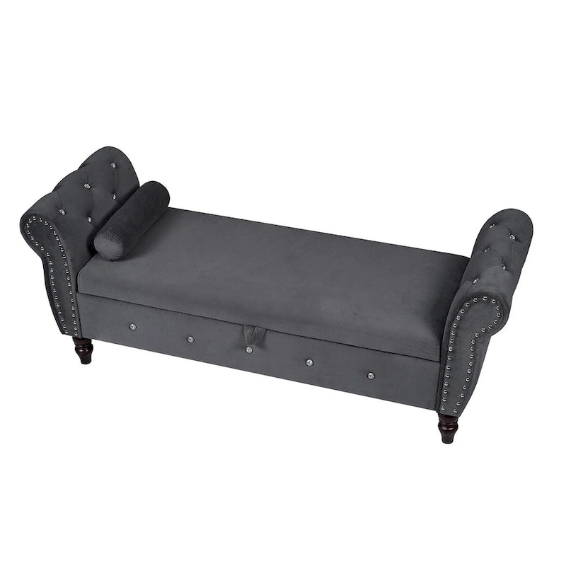 Panca da camera in velluto da 63.4 in. con gambe in legno massello e 1 cuscino, pouf contenitore con braccioli e fibbie di cristallo