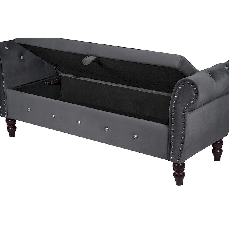 Panca da camera in velluto da 63.4 in. con gambe in legno massello e 1 cuscino, pouf contenitore con braccioli e fibbie di cristallo