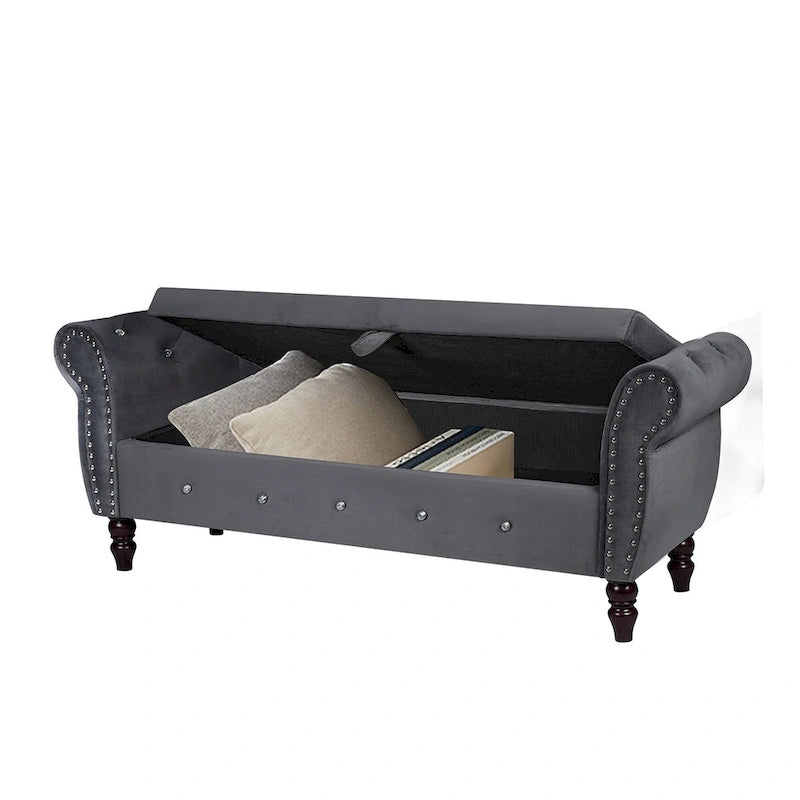 Panca da camera in velluto da 63.4 in. con gambe in legno massello e 1 cuscino, pouf contenitore con braccioli e fibbie di cristallo