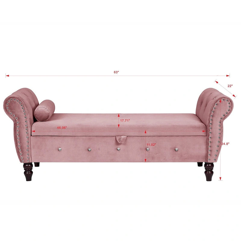 Panca da camera in velluto da 63.4 in. con gambe in legno massello e 1 cuscino, pouf contenitore con braccioli e fibbie di cristallo