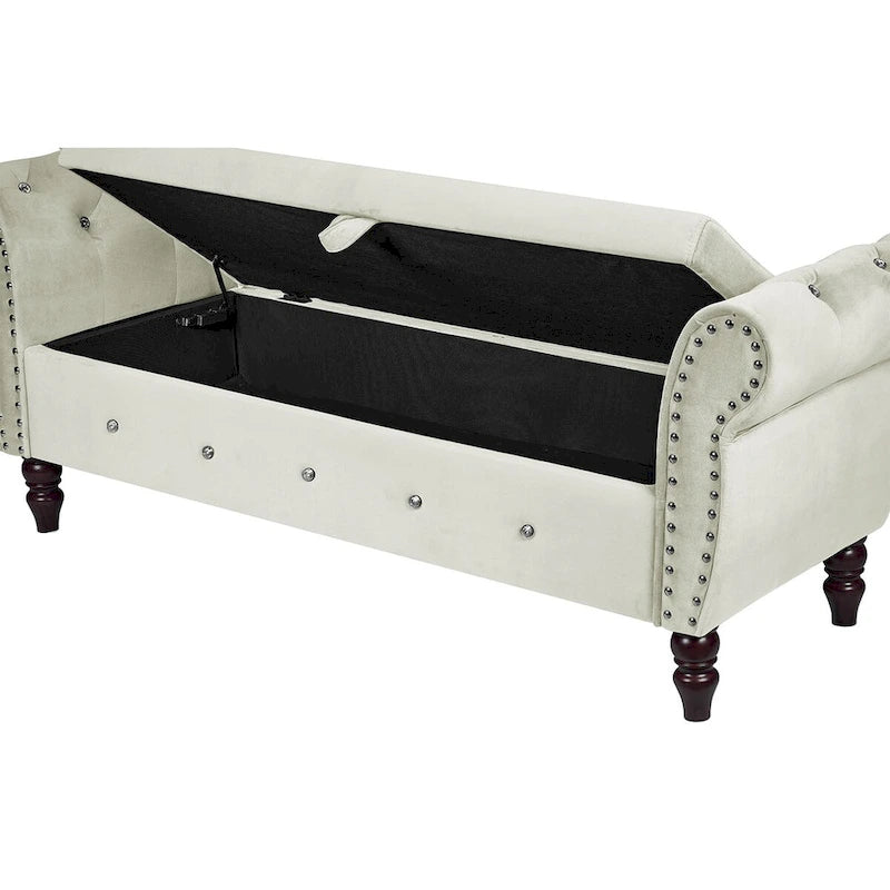 Panca da camera in velluto da 63.4 in. con gambe in legno massello e 1 cuscino, pouf contenitore con braccioli e fibbie di cristallo