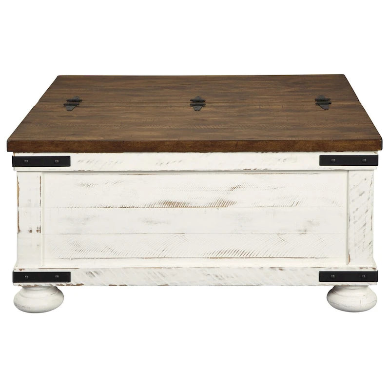 Tavolino da salotto bicolore in stile rustico con piano sollevabile e vano contenitore, marrone e bianco