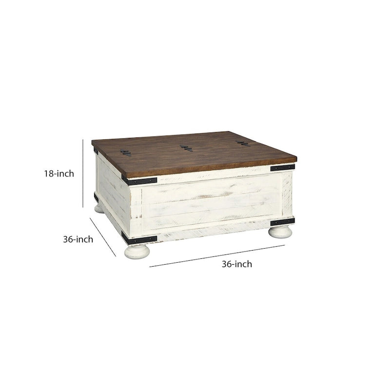 Tavolino da salotto bicolore in stile rustico con piano sollevabile e vano contenitore, marrone e bianco