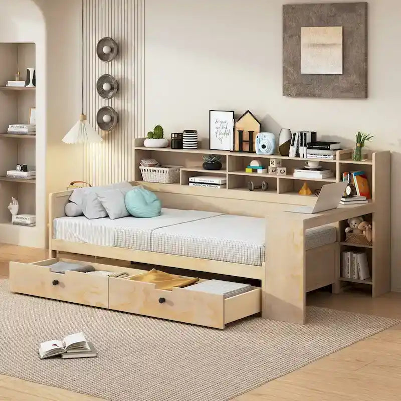 Letto singolo in legno con ripiani contenitore, letto multifunzione con due cassetti e scrivania