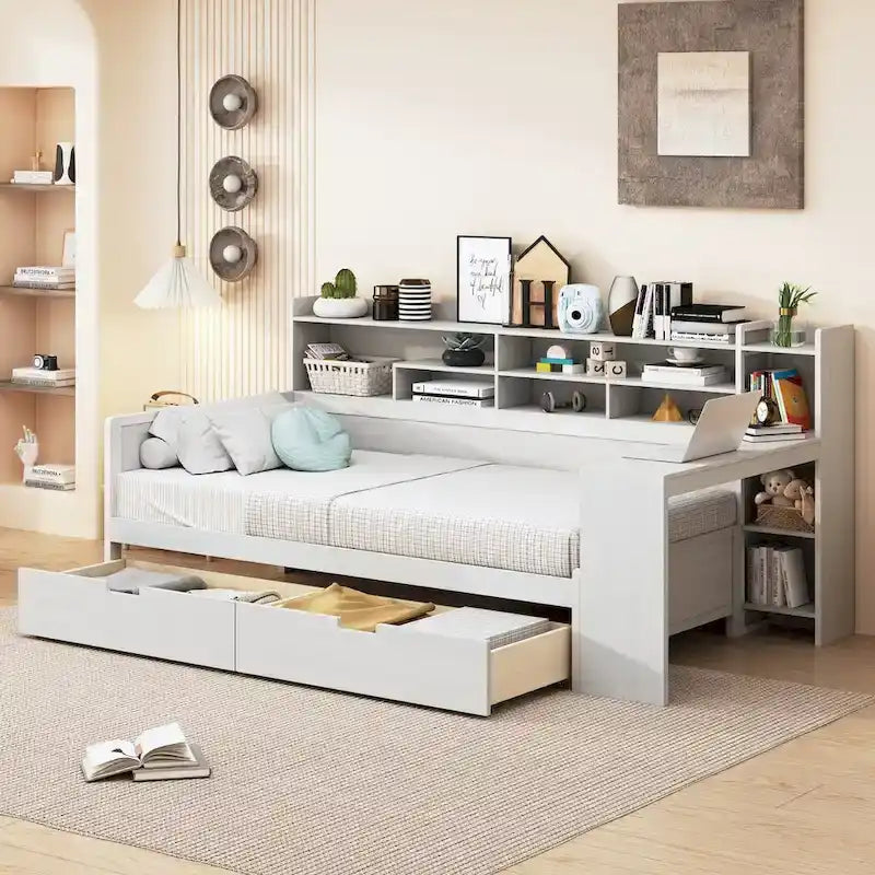 Letto singolo in legno con ripiani contenitore, letto multifunzione con due cassetti e scrivania
