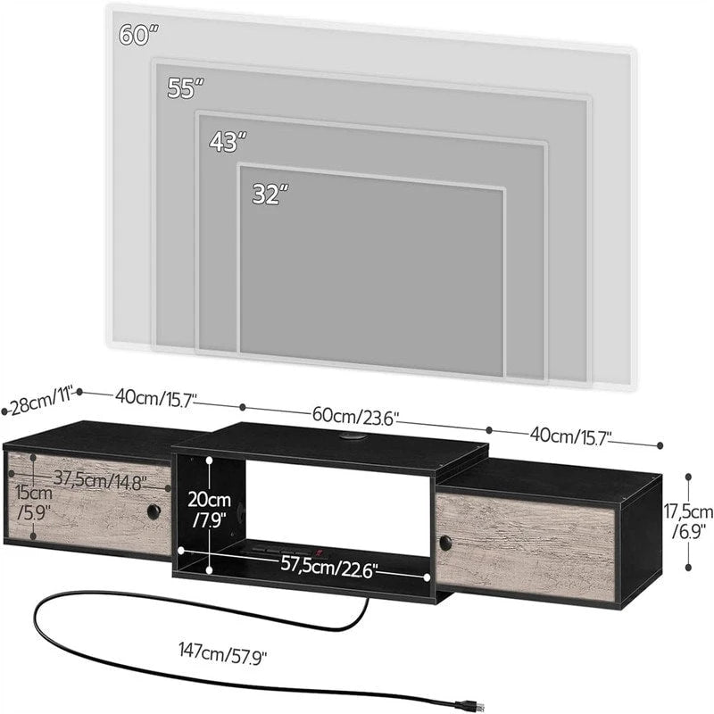 Mensola multimediale moderna da parete - 11.D x 55W x 7.9H