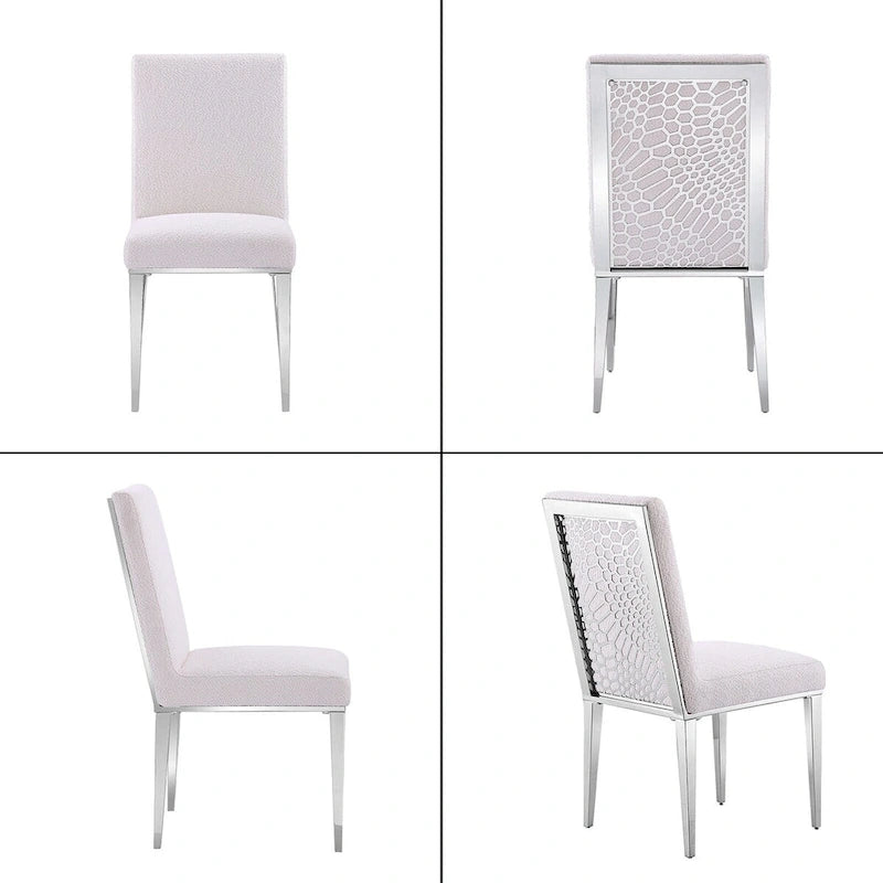 Lussuose sedie da pranzo bianche in bouclé con gambe in metallo argentato a specchio