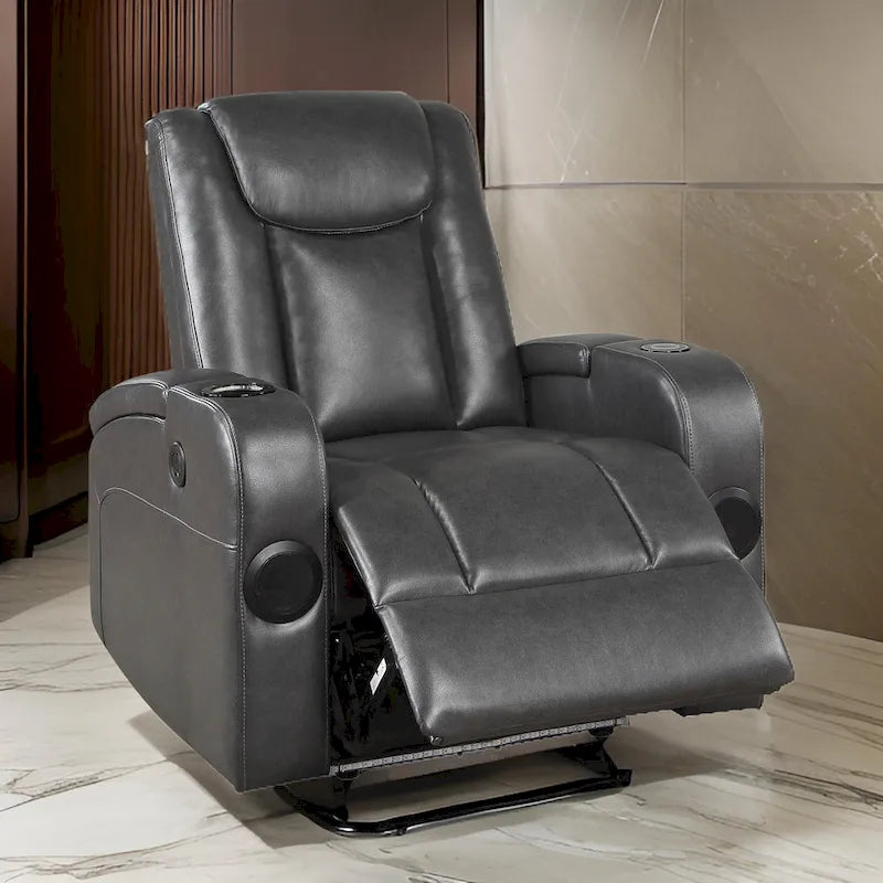 Emily 38 Inch Power Recliner Chair, Cooling Cupholder, LED, Gray PU Leather