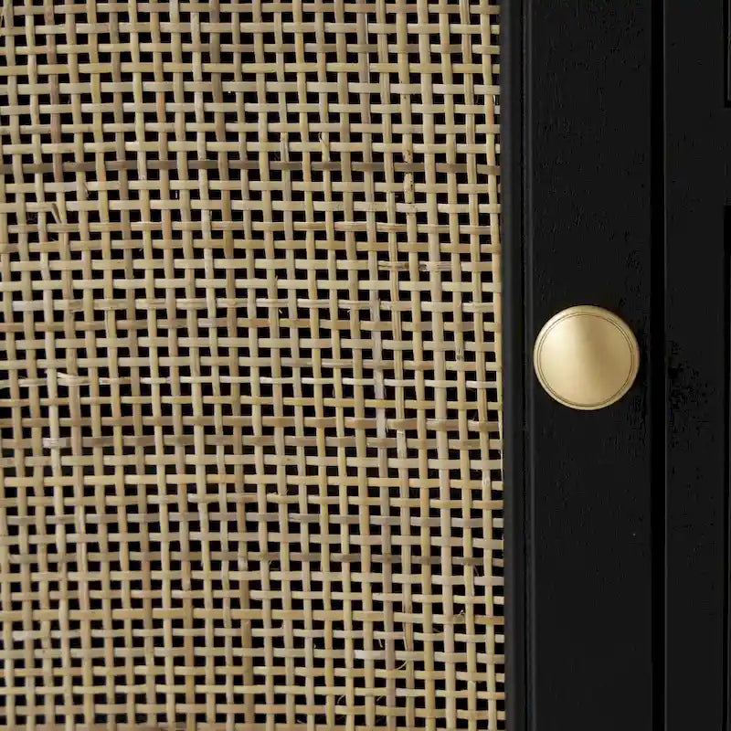 Mobiletto in legno fatto a mano, con 3 cassetti e 1 anta, frontale in rattan - nero